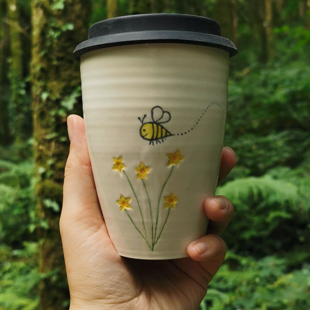 Bee Buzzin' ceramic Travel Mug hand drawn grounded pottery made in Ireland